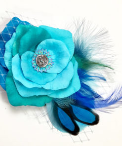 Close up of Turquoise Blue Rose Fascinator on white background
