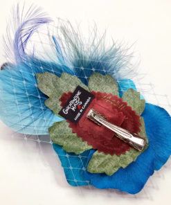 Back side close up of Turquoise Blue Rose Fascinator on white background