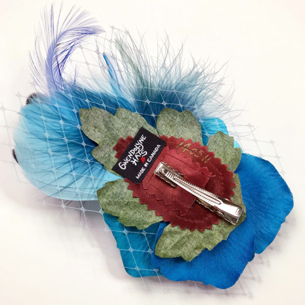 Back side close up of Turquoise Blue Rose Fascinator on white background