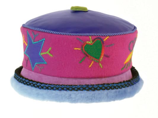 A fuchsia Rusalka Hat with a light blue coloured fur rim set against a white background
